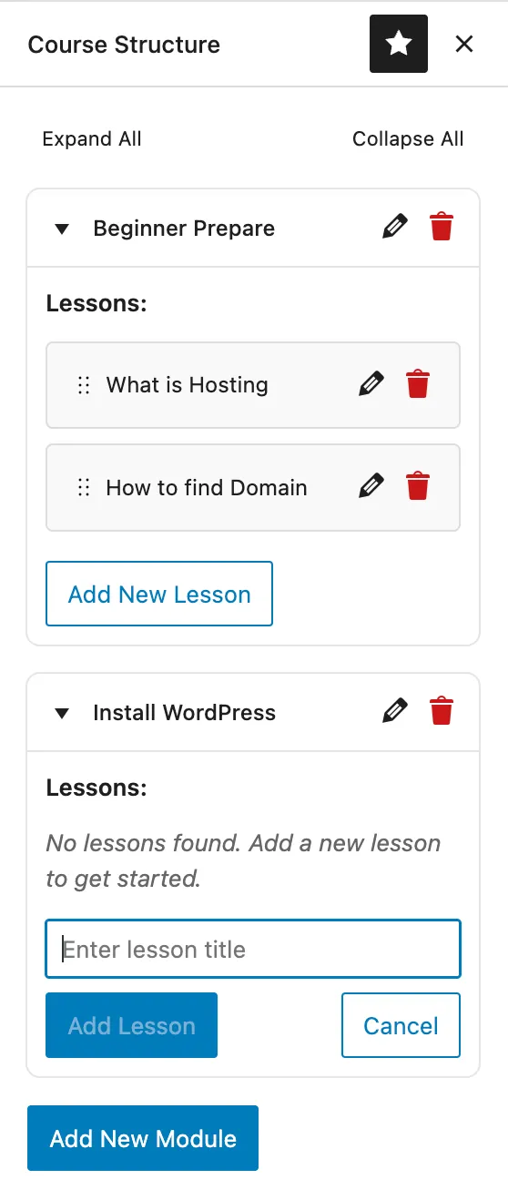 Course structure with modules and lessons