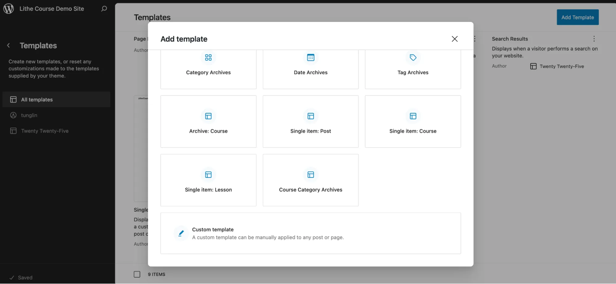 Template selection interface